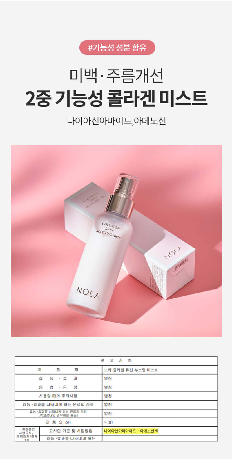 NOLA Collagen Skin Boosting Mist with box packaging on pink background