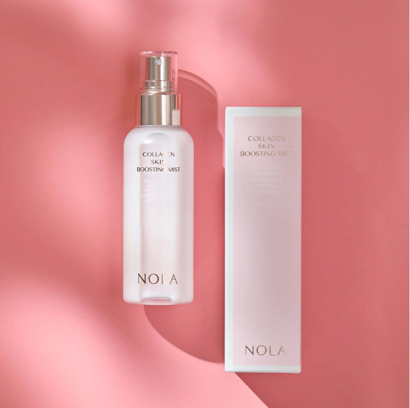 NOLA Collagen Skin Boosting Mist by Nola Beauty, 100 ml bottle and box, hydrating and collagen-boosting mist, made in Korea.