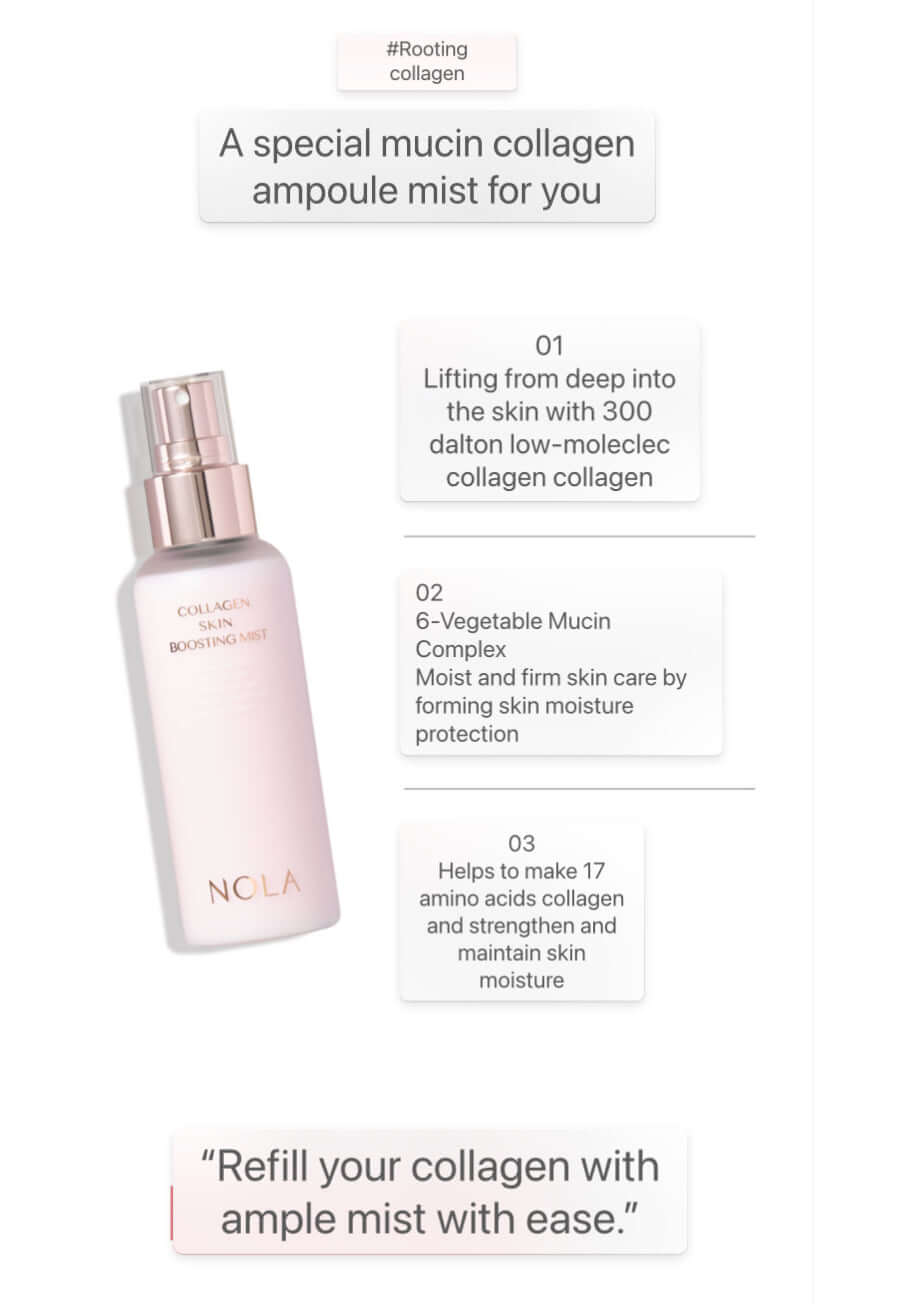 NOLA Collagen Skin Boosting Mist with 300 Dalton low-molecule collagen, 6-vegetable mucin complex, and 17 amino acids for firm, hydrated skin.