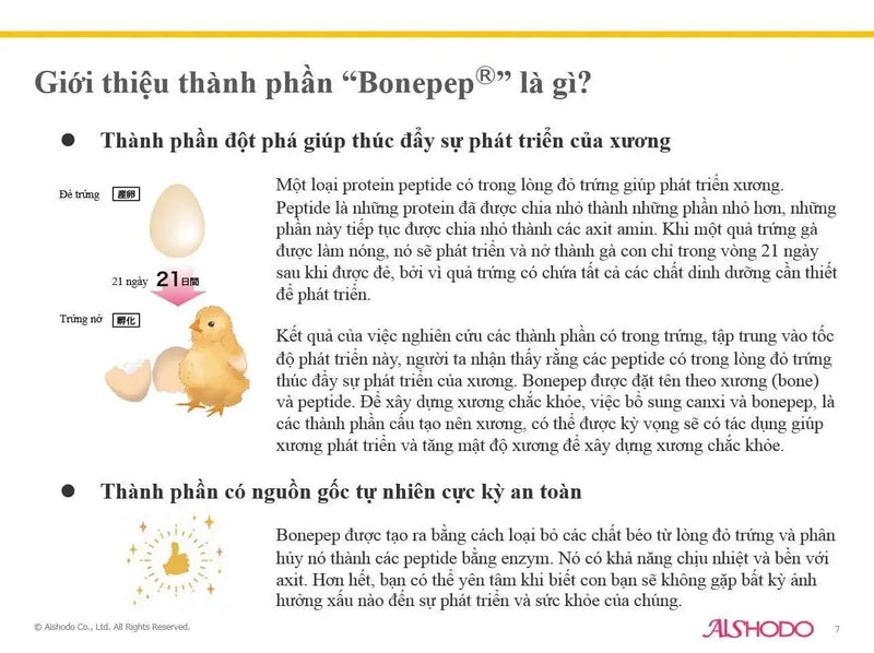 Nutritional components of Bonepep in AISHODO SENOPPO dietary supplement for children's bone growth explained in Vietnamese with illustrations.