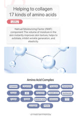 Diagram illustrating 17 types of amino acids that help collagen, improve skin texture, and elasticity with Natural Moisturizing Factor (NMF).