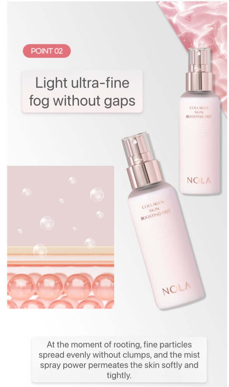 NOLA Collagen Skin Boosting Mist with ultra-fine spray for even application, shown in 100 ml bottles by Nola Beauty.