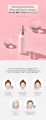 NOLA Collagen Skin Boosting Mist bottle on pink background with water droplets showing usage instructions for hydrating and enhancing skin firmness.