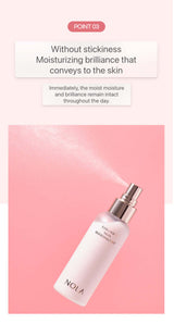 NOLA Collagen Skin Boosting Mist spray bottle on pink background, showcasing hydration benefits and moisture brilliance without stickiness.